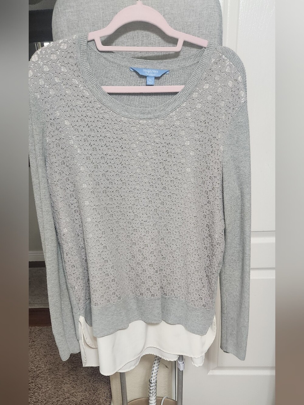 Simply Vera Vera Wang Gray Crochet Ribbed Twofer Layered Sweater XL GUC